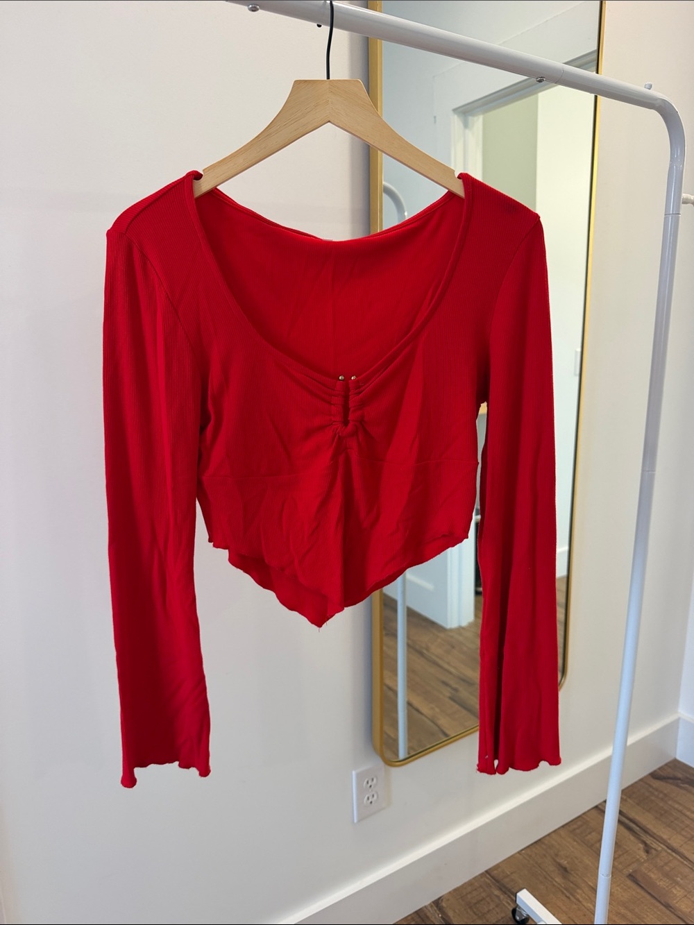 Amazon Red Long-Sleeve Ruched V-Neck Crop Top